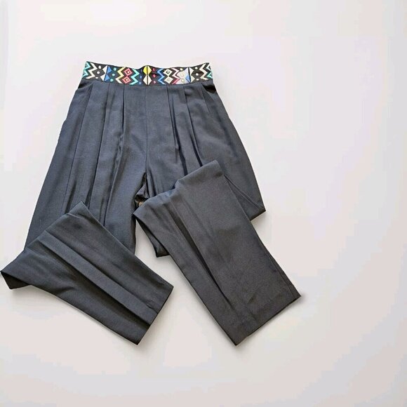 Emblem Pants Women 16 Black Waist Embroidery Tribal Elastic Zip Pleated Boho VTG - Picture 11 of 16